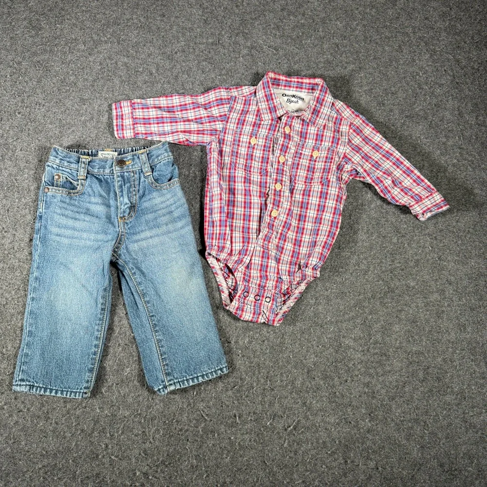 OshKosh Bgosh Baby Boys 12M Plaid Bodysuit and Denim Jeans 2pc Outfit Set